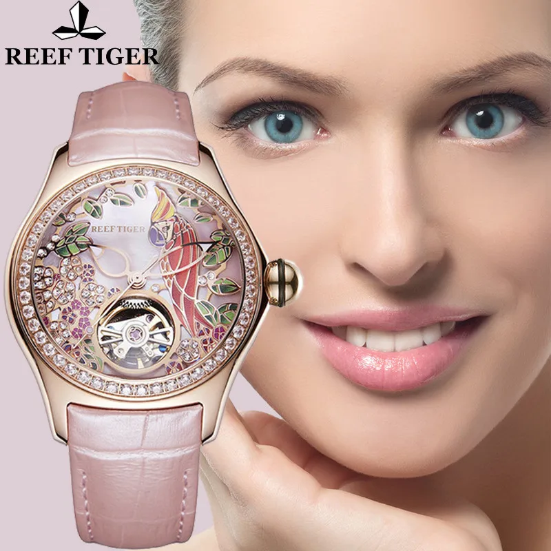 Часы Reef Tiger автоматические водонепроницаемые с кожаным ремешком механические