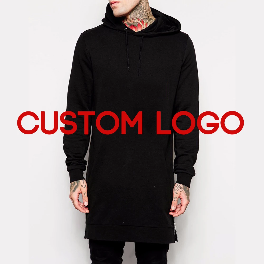 

Side Zipper Hiphop Extra Long Hoodie Men Oversized Hip Hop Streetwear Custom Logo With Your Own Design