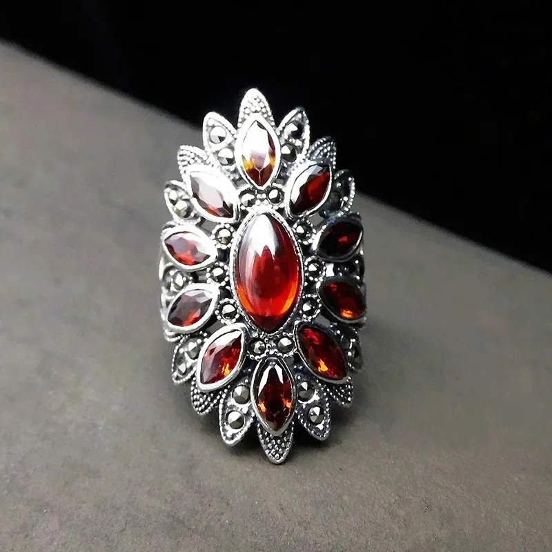 FNJ 925 Серебряное цветочное кольцо марказит Новая мода Красный камень S925 Стерлинговое Серебро Кольца для женщин ювелирные изделия регулируемый размер