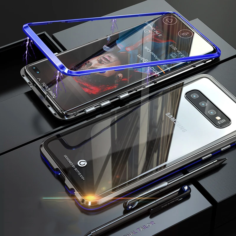 Magnetic Case For Samsung Galaxy S10 Plus S10E 5G Anti-knock Aluminum Metal &amp Back Side Tempered Glass Cover |