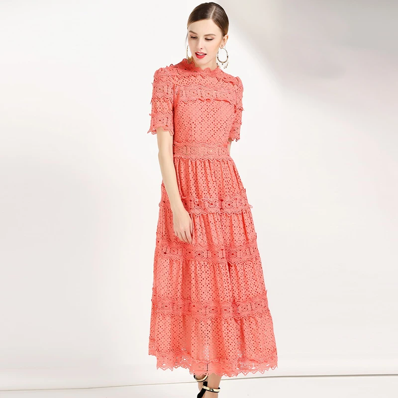 2019 Весна Высокое качество женское платье оранжевый/белый кружева выдалбливают