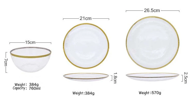 Dazzle Colour Glass Dinnerware Flat Plate Salad Bowl Gold Edge Western Food Tray Steak Snach Dishes Fruit Bowls Container 1pcs