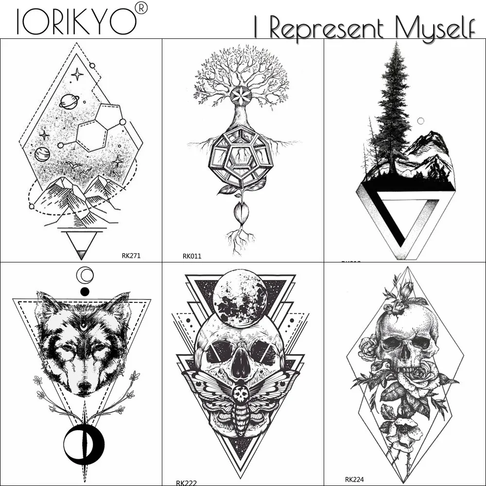 IORIKYO черный геометрической формы в форме черепа Временная тату наклейка для
