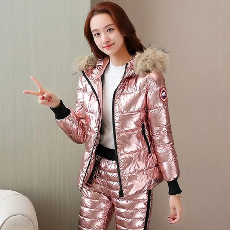 pink Комплект из 2 предметов, парка+ брюки, костюм для женщин, зимняя блестящая ткань, комплект одежды с подкладкой, меховой воротник, пуховики, теплое плотное пальто, спортивный костюм - Цвет: pink