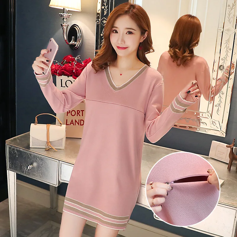 Новинка зимы 2018 Одежда для беременных корейское вязаное платье с V-образным