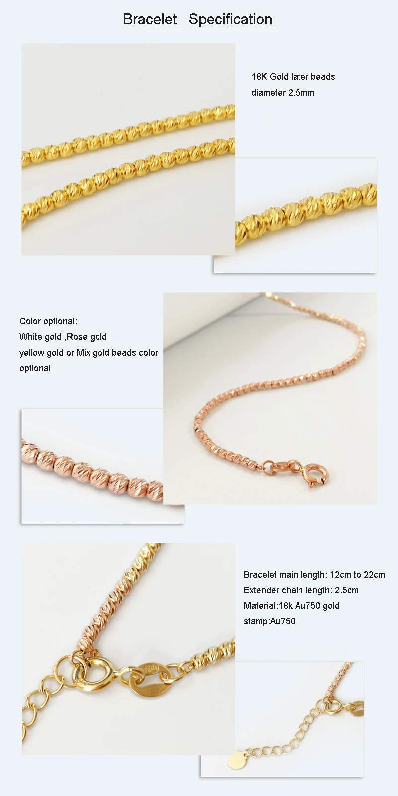 Sinya 18k Au750 золотые лазерные бусины, браслет для маленьких детей, девушек, женщин, длина от 12 см до 22 см, диаметр бисера 2,5 мм