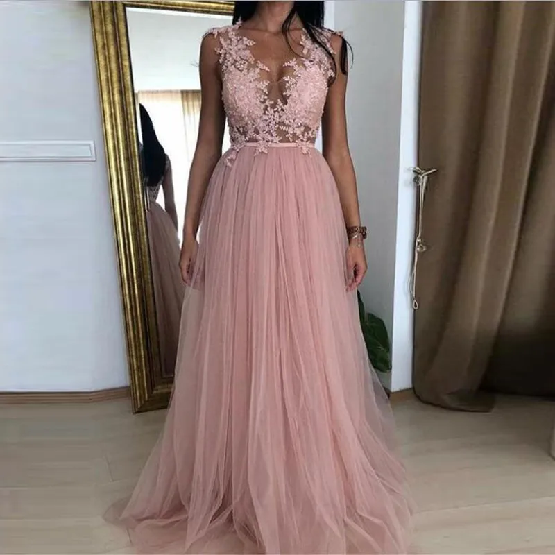 

Real Picture Dusty Pink Elegant Round Neck A Line Tulle Long Evening Formal Dresses Applique Summer Prom Gown Custom Party Dress
