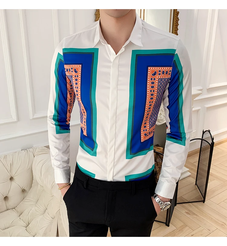 Качество полосатый Футболка с принтом Для мужчин с длинными рукавами Camisa Masculina Chemise Мужская, для общественных мест Для мужчин клуб нарядная рубашка Kemeja Pria 4XL