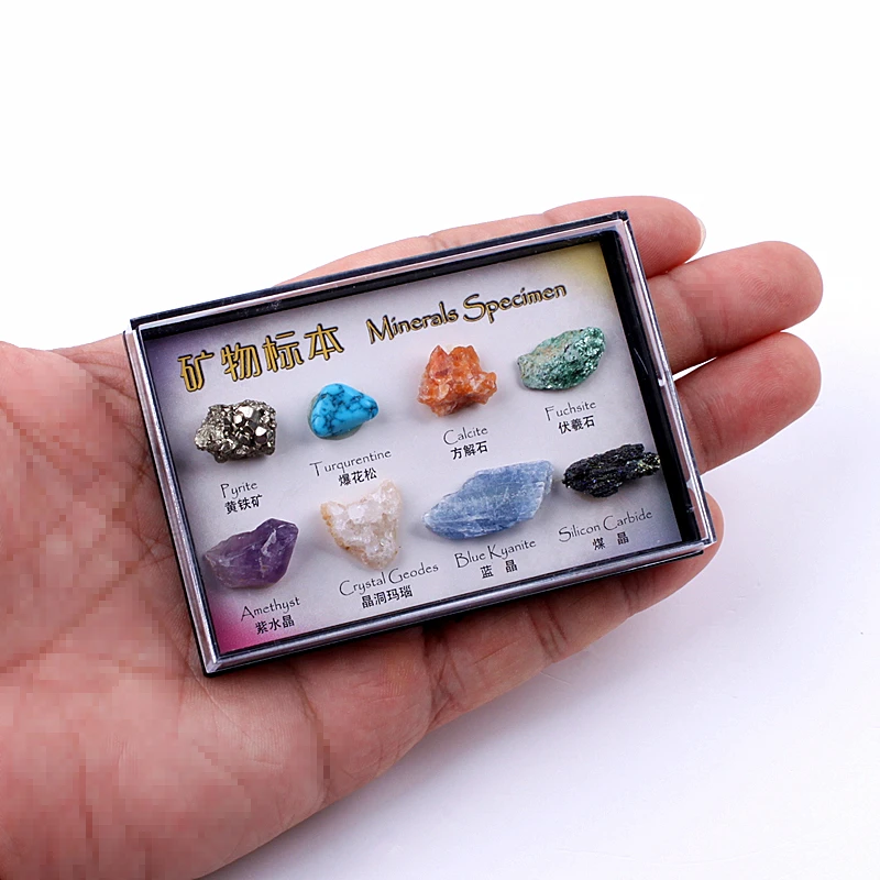 

Multi Raw Colors Rock Collection 8pcs Mixed Natural Mineral Specimen Ore Specimens with Box Jewelry Sets For Collection
