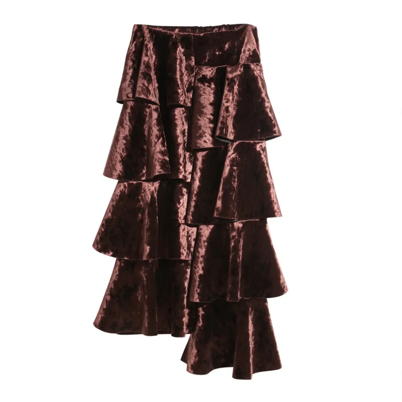 ASYMSAY Europe Lotus Leaf Asymmetry Shiny Fabric Velvet Skirt For Women Back Split Elastic High Waist Skirts Female AC2122|velvet skirt|waist