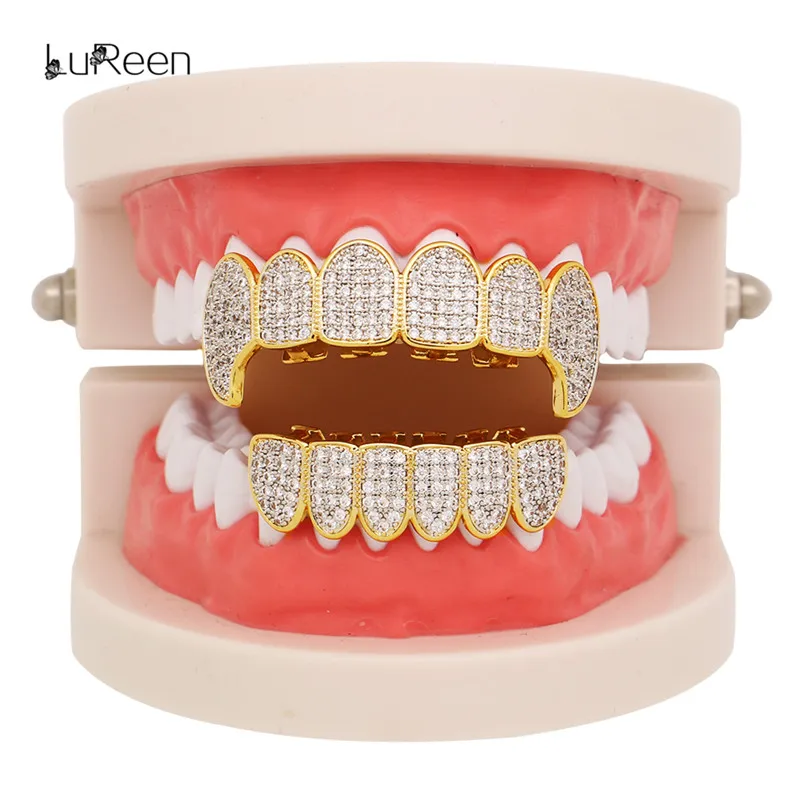 LuReen микро Pave кубический циркон золотые зубы гриллстоп и дно Iced Out грили стоматологический вампир Клык грили ювелирные изделия