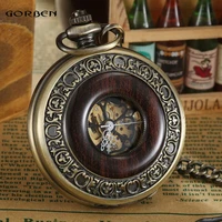 brown hollow mechanical steampunk skeleton roman numbers wood pocket watches hand winding necklace fob chain mens business gift