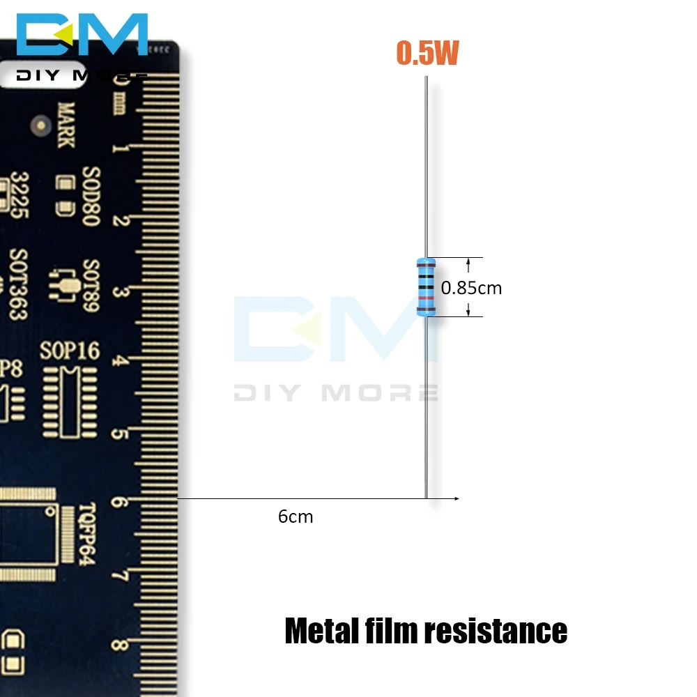 100 шт. Diymore металлического пленочного резистора 1%+ 1%-1% 1/2W 0,5 W 1R-1M Ohm Сопротивление Diy Электронный 1K 2,2 K 4,7 K 5,1 K 6,8 K 10K 15K 22K