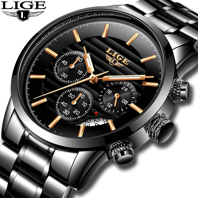 Мужские спортивные часы LIGE брендовые Роскошные водонепроницаемые кварцевые из