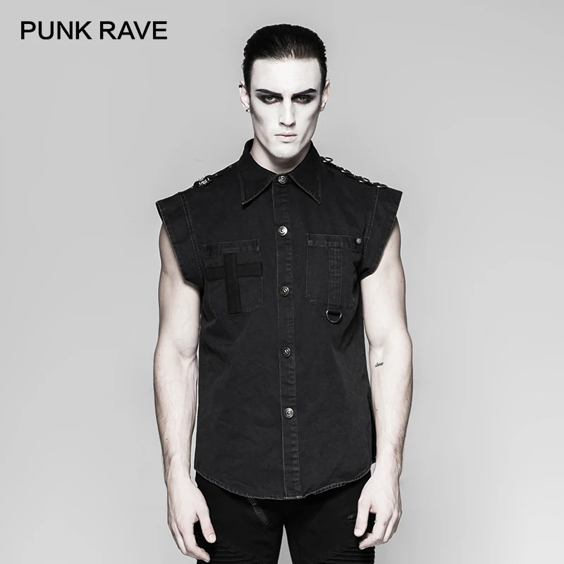 Рубашка мужская джинсовая в стиле панк рок хлопок без рукавов приталенный силуэт