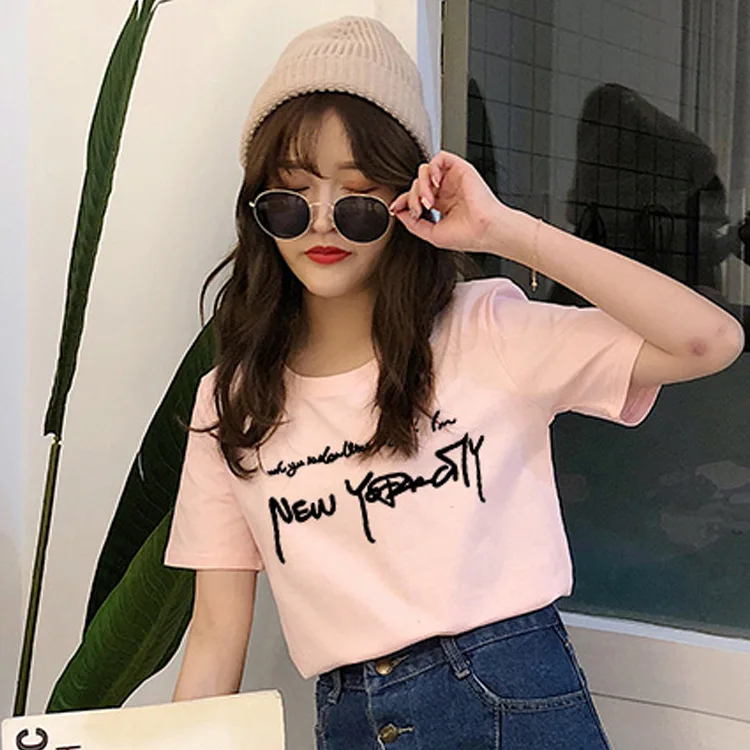 5049 Pink Новые летние женские футболки размера плюс, новинка, свободные футболки с круглым вырезом и коротким рукавом, повседневные тонкие женские футболки, женские топы, футболки - Цвет: 5049 Pink