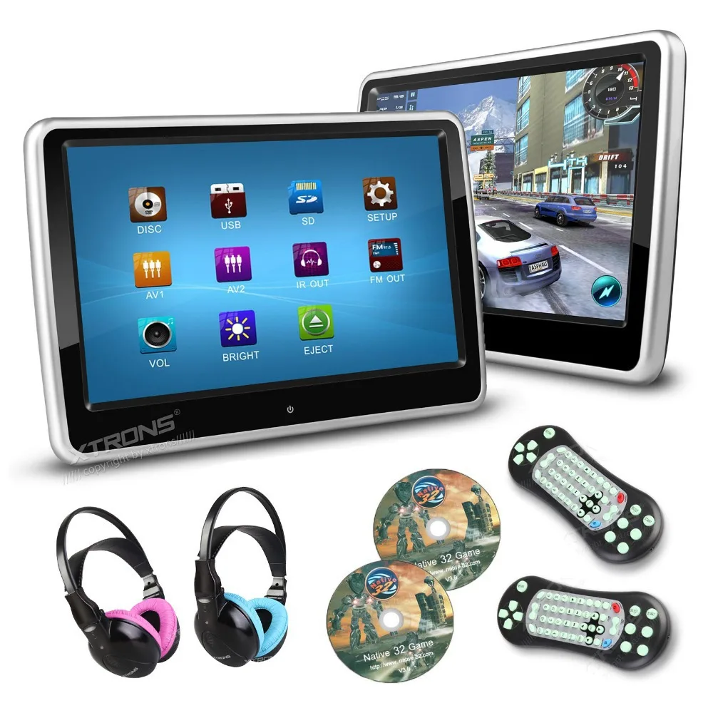 Günstig XTRONS 2 Teile/los 10,1 Zoll Digital TFT Touchscreen-monitor Ultra-dünnen Design Auto Kopfstütze DVD-Player 1024*600 2 IR Kopfhörer