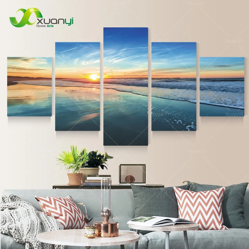 5 Piece Canvas Art Blue Sunset Seascape Paintings Modular Picture Wall Oil Painting For Living Room Unframed PF1206 | Дом и сад