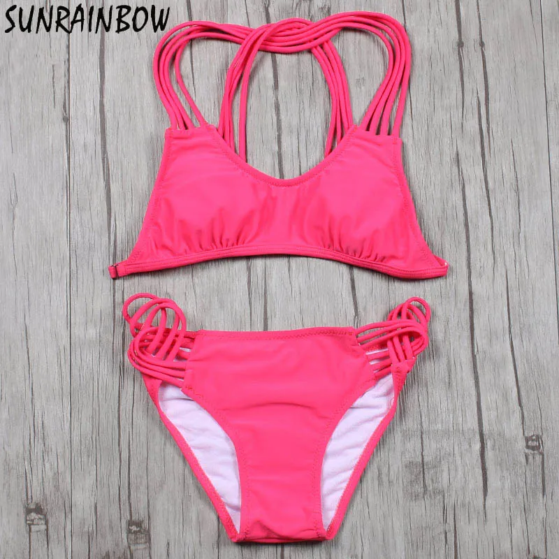 Женский купальник с пуш ап SUNRAINBOW бразильский бикини однотонный бандо лето 2019|summer