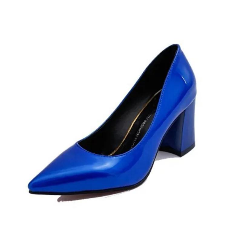 2018 Summer Hot Sale Work Women Shallow Mouth Patent Leather Single High Heels Shoes Pointed Toe Thick Square Size 34-39 | Обувь