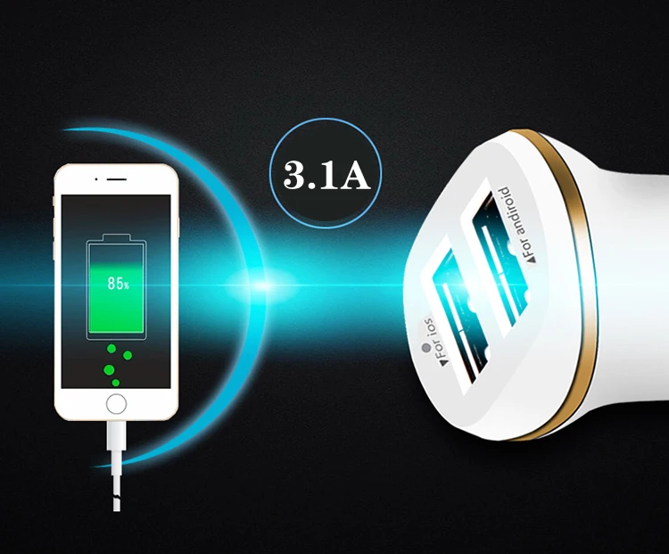 2 порта USB Автомобильное зарядное устройство 3.1A Макс (реальный) Быстрая зарядка + 3
