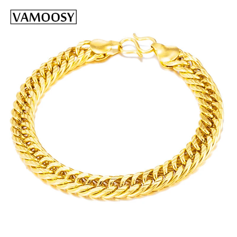 

VAMOOSY Real Mens Bracelet Chain Polished 24K Placer Gold Color Copper Chains Bracelet for Men Cuban Jewelry Chain Width 8mm