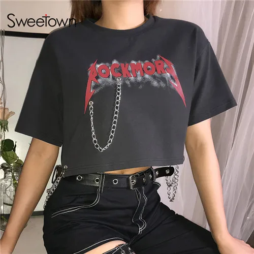 as picture Sweetown темно-серая женская футболка размера плюс, летняя уличная одежда, Повседневная Свободная футболка с круглым вырезом и коротким рукавом - Цвет: as picture