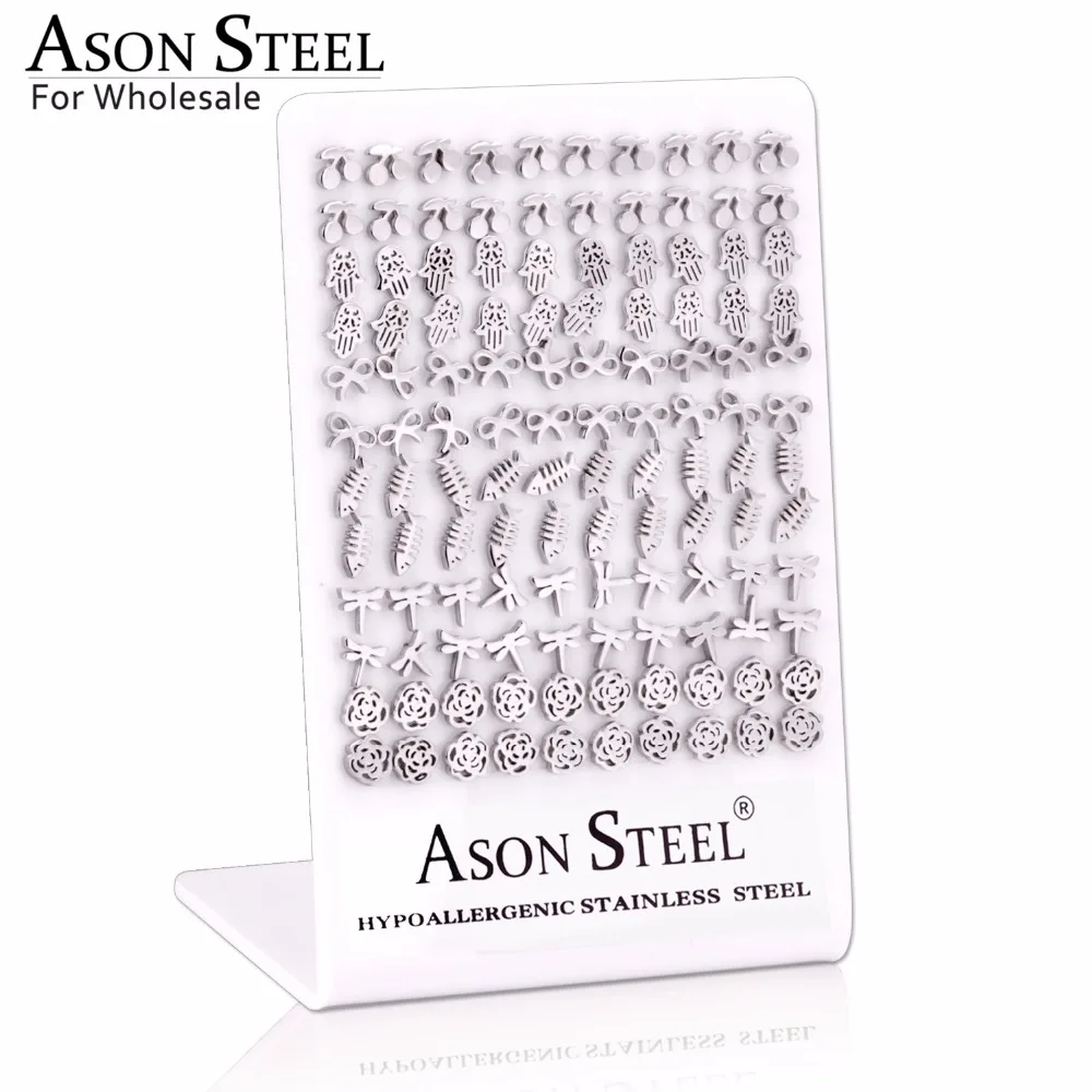 Мини серьги ASONSTEEL 60 пар/лот пусеты с вишней/ручной/с бантом/рыбкой/цветком женские