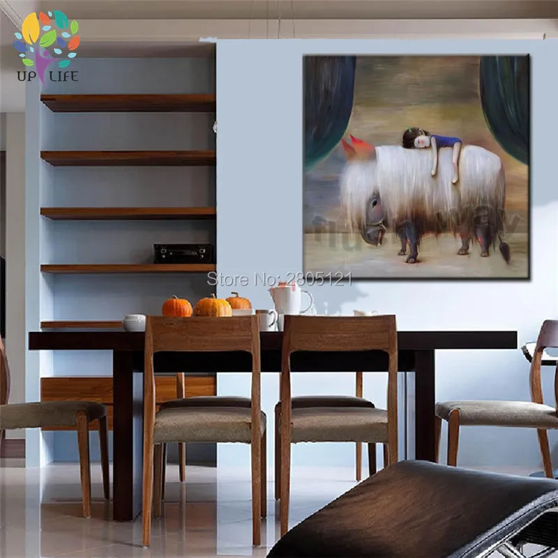 hand painted chinese artist original painting little sleeping girl and the big pet unique design kids child room canvas art | Дом и сад