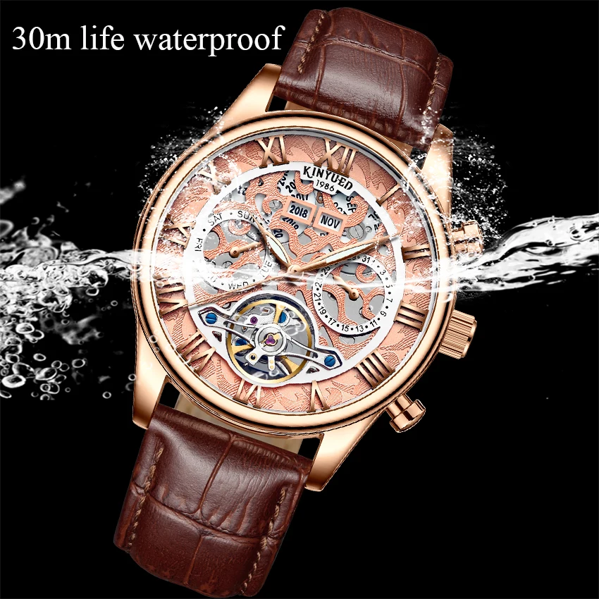 Автоматические Мужские часы KINYUED Tourbillon скелетоны цвета розового золота с датой