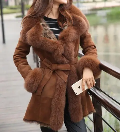 CAMEL Зимняя женская Двусторонняя шуба из натурального овечьего меха, Натуральная овечья кожа, шуба с воротником из натурального Лисьего меха, пальто для женщин 180427-6 - Цвет: CAMEL