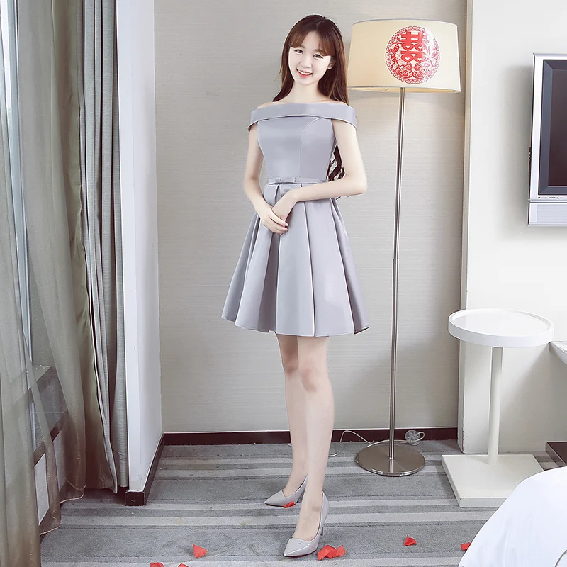 

Sweet Memory Short Gray Satin Bridesmaid Dress Grey Wedding Party Dress Blue Bridesmaid Dress A1969