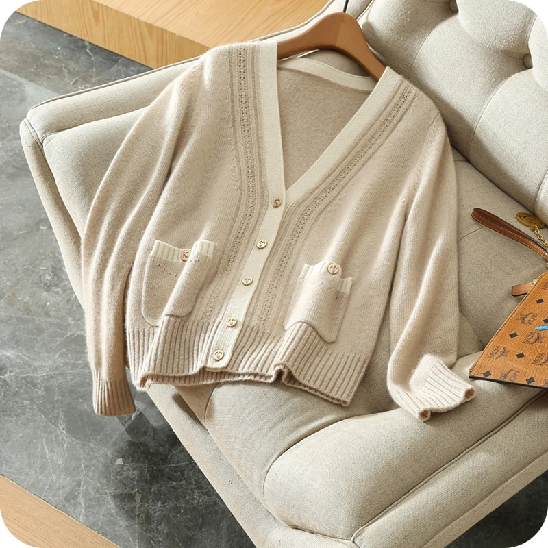 Women Patchwork Autumn Winter warm Elegant short Cardigan Ladies Match all Classic Cashmere Cardigans Sweater coat LJ0476 |