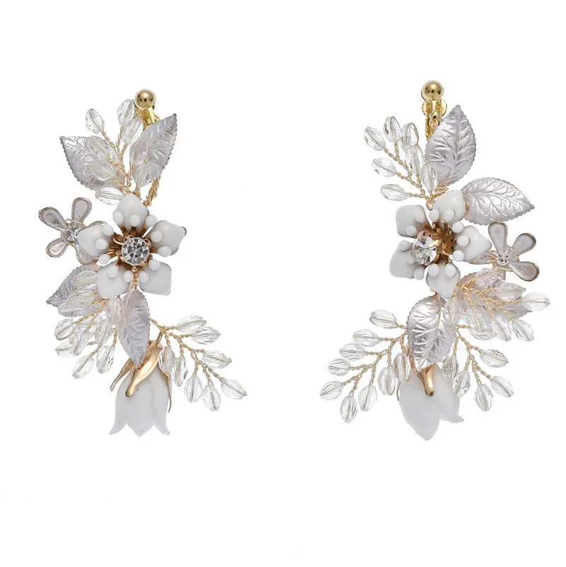 earrings Ручной работы белый цветок свадебные волосы расческа жемчуг украшение на голову в виде листка женские свадебные аксессуары для волос на выпускной вечер - Окраска металла: earrings