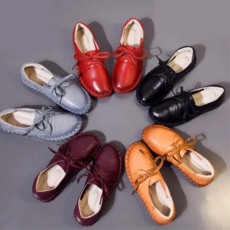 

2020 New genuine leather fashion women shoes spring autumn round head with lace trend women's flat shoes selling leisure section