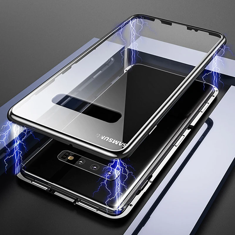 360 полная защита передний и задний Чехол из закаленного стекла для samsung Galaxy S10 Plus Роскошный Алюминиевый металлический магнитный чехол-бампер