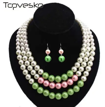green W pink На заказ, многослойные жемчужные бусы, женское ожерелье, серьги, ювелирный набор, три нити, розовый, зеленый, бисерное жемчужное ожерелье - Окраска металла: green W pink