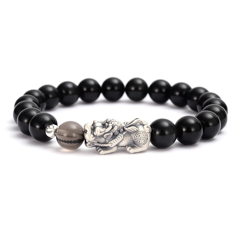 Черный ледяной браслет из обсидиана с бусинами китайский Pixiu Charm богатство сын