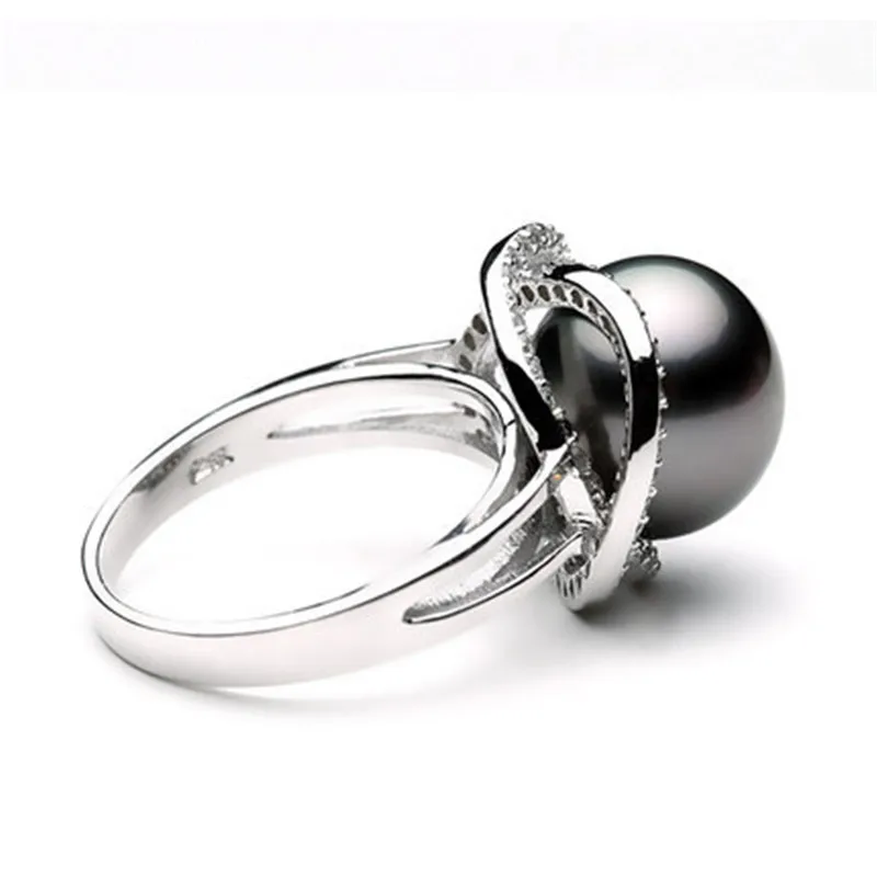 NYMPH JEWELRY 10-11 mm round Natural Black Tahitian Pearl rings with s 925 sterling silver fine jewelry Clover shape [ZZN] | Украшения и