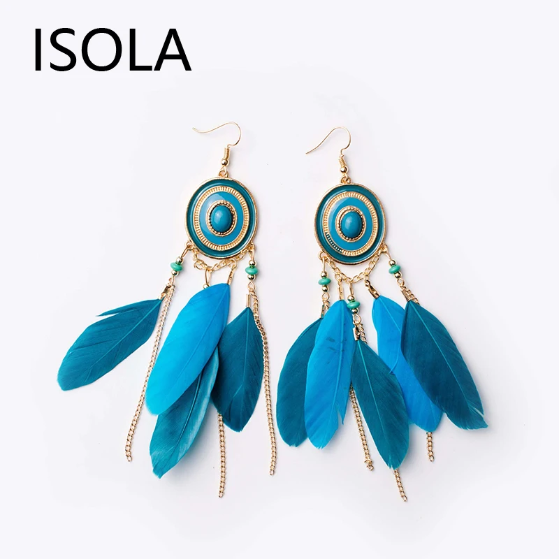 Круглые этнические серьги-кисточки ISOLA с перьями эффектные богемные серьги