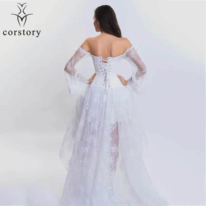 Corstory с открытыми плечами с длинным рукавом черное кружево Overbust Корсетная Юбка Body Shaper Для женщин костюм Стимпанк Викторианский стиль Корсетная юбка s