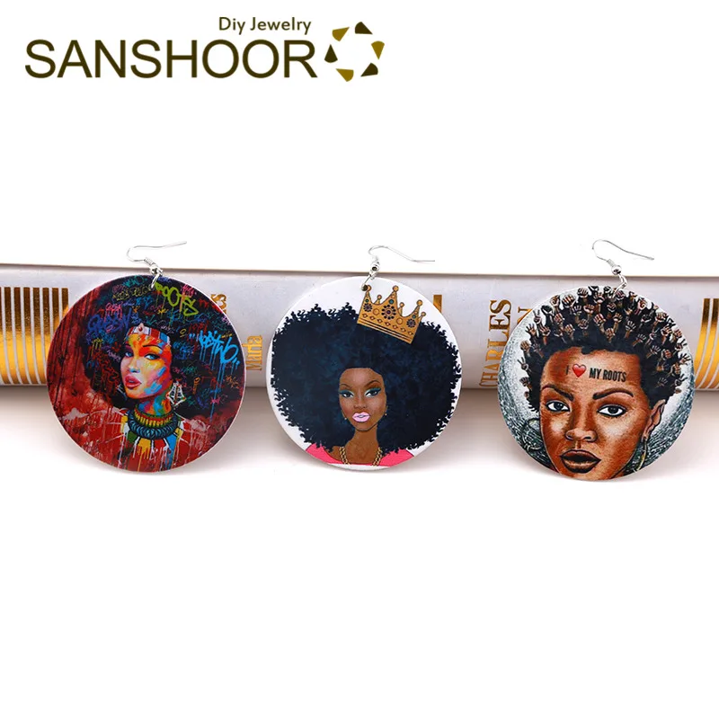 Mixed SANSHOOR 6 см африканские деревянные висячие серьги с афро Корона волосы корни узор афроцентрик Богемия ювелирные изделия 6 пар/лот - Окраска металла: Mixed