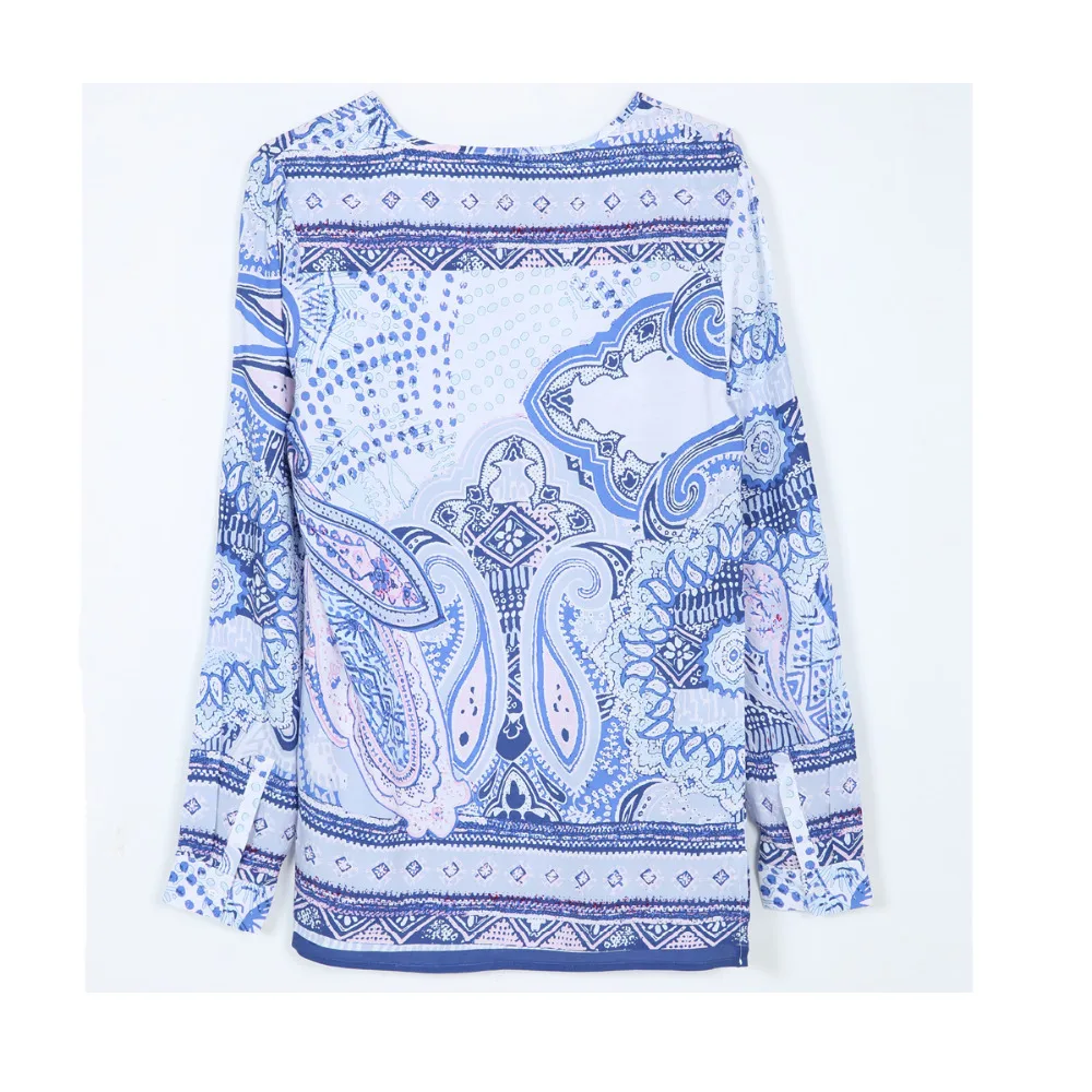 Женские винтажные синие блузки с принтом треугольным вырезом и длинным рукавом