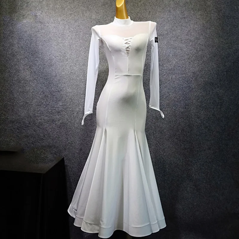 White Dress Новые платья для конкурса бальных танцев элегантное платье для вальса черное/красное/синее платье с длинным рукавом женские платья для бальных танцев VDB503 - Цвет: White Dress