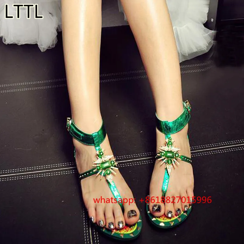 Lttl 2017 новый кожаный печати женщин флип-флоп сандалии роскошный горный хрусталь