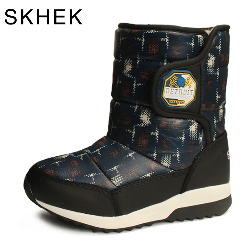 Черный SKHEK/ г. Новые детские зимние ботинки с теплой шерстяной подкладкой, удобная детская обувь модные ботинки для мальчиков и девочек, европейские размеры 27-32 - Цвет: Черный