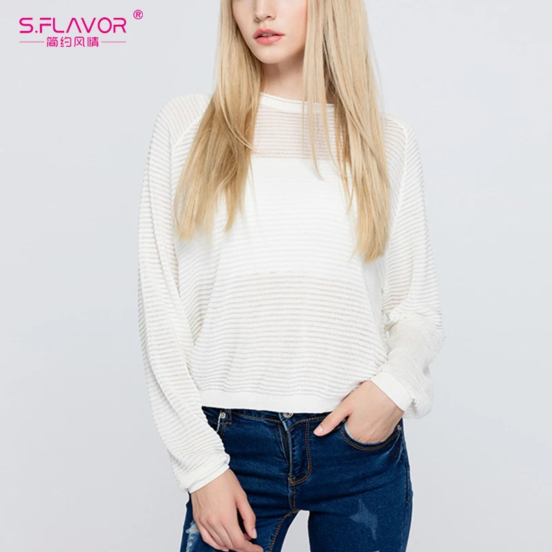 S.FLAVOR Long Sleeve Knitted Short Pullover Women O Neck Casual Brief Thin Sweater Female Autumn Solid Color Sexy Loose | Женская одежда