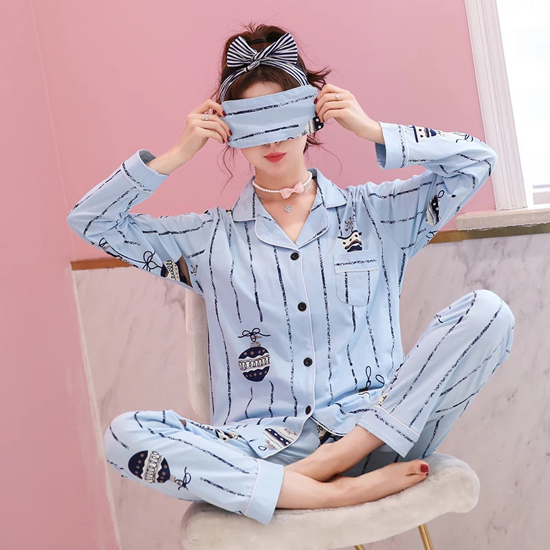 Korean women pajamas cotton long sleeved cardigan in spring and autumn sweet Home Furnishing suit | Женская одежда
