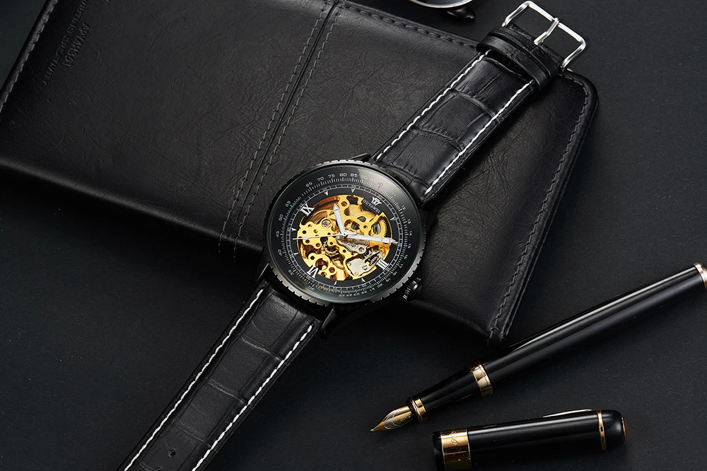 Роскошные автоматические механические черные мужские наручные часы скелетоны