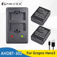 palo for gopro accessories 2x 3 7v 1600mah li ion ahdbt 301 ahdbt 201 rechargeable batteries dual charger for gopro hero 33